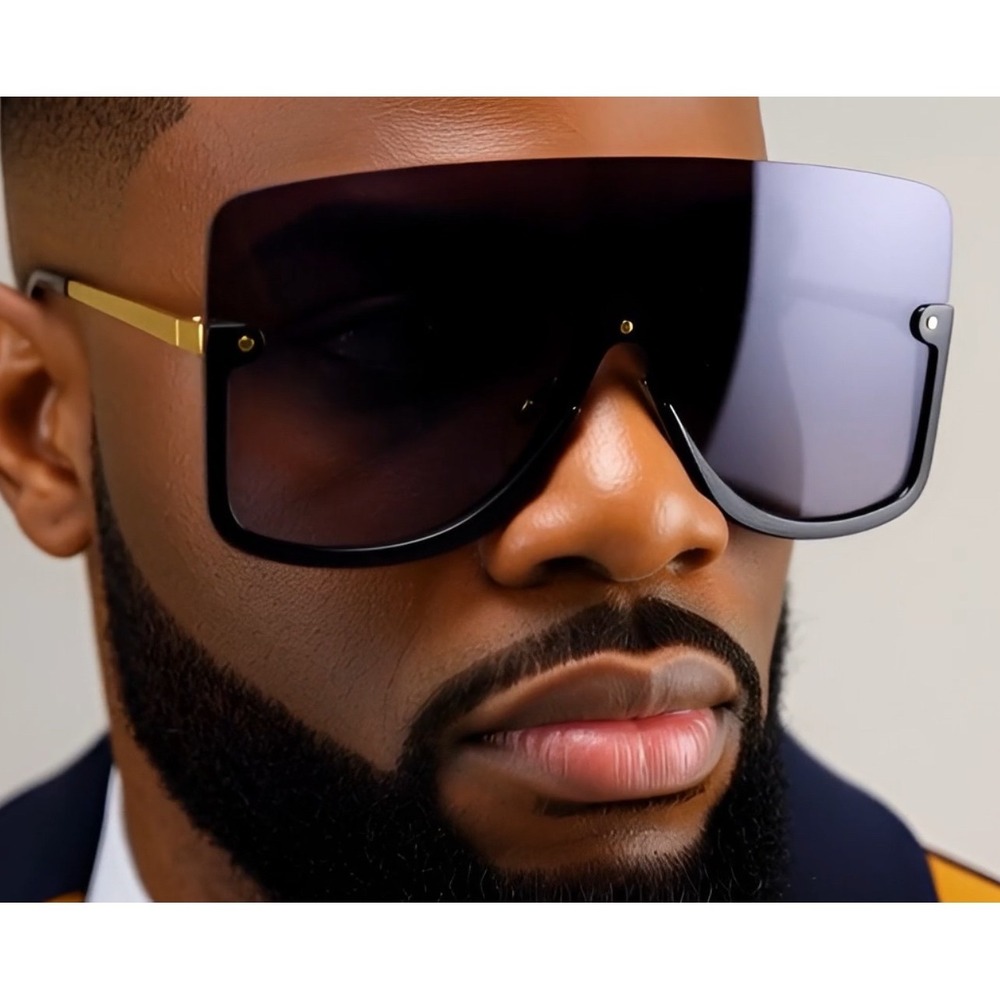 Big Large Sunglasses Men Dark Black‎ Frame Gold Temples Flat Top UV400 Hip Hop